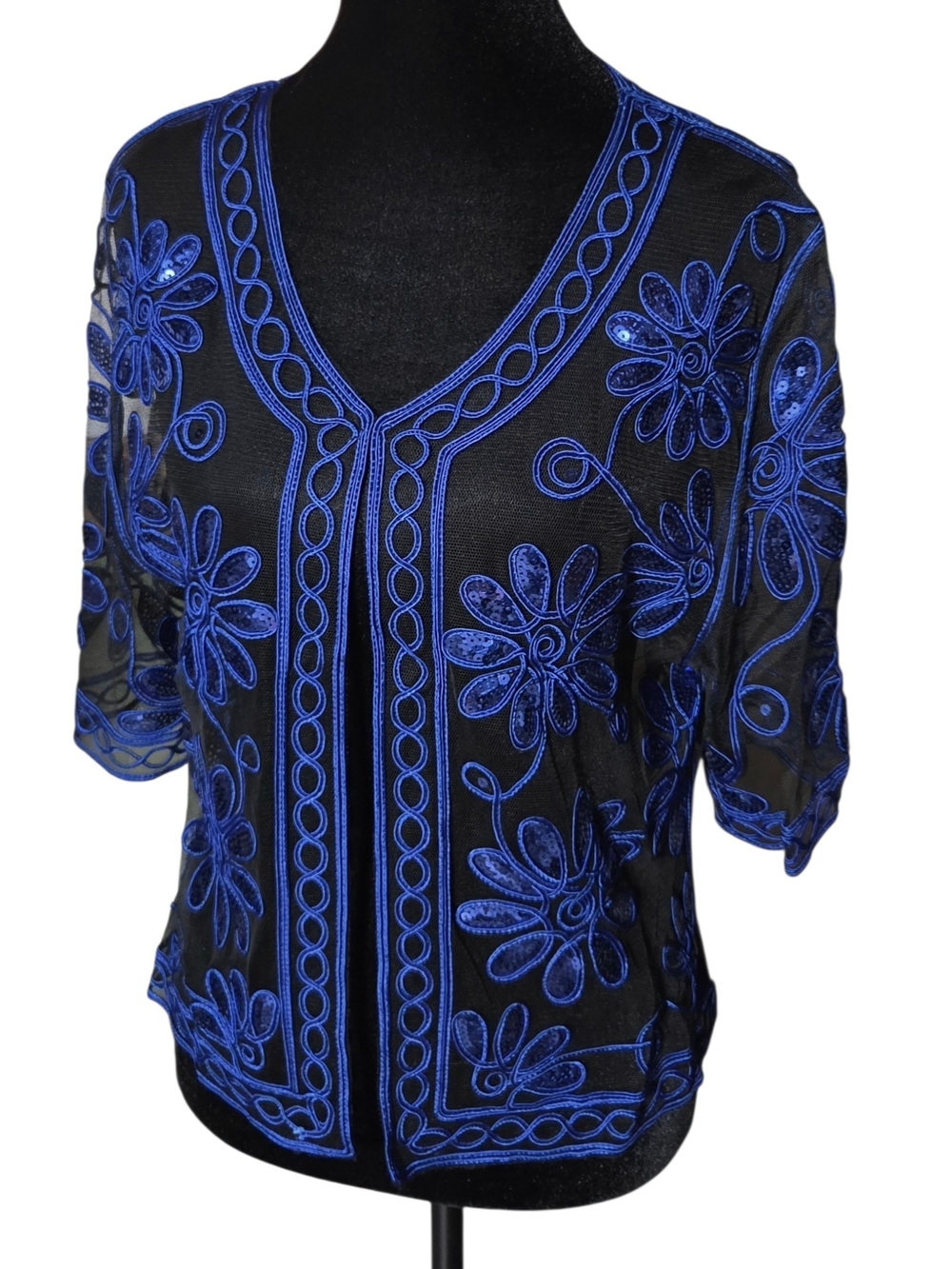 Sheer Floral Embroidered V-Neck Blouse Cobalt Blue Floral With Black Mesh